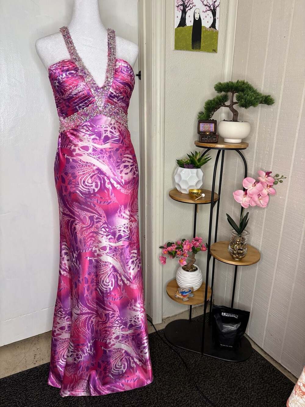 Y2K Purple and Pink Abstract Print Beaded Halter Prom Gown